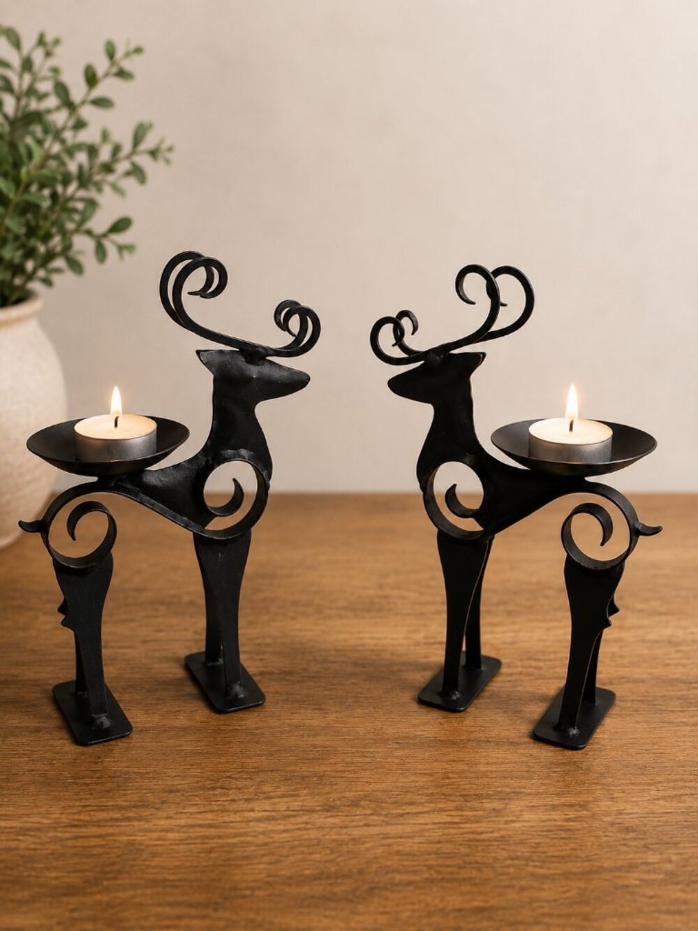Vintage Black Metal Reindeer Candle Holders Pair Scroll Antlers Holiday Decor - Picture 7 of 9